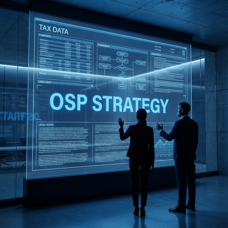 Executivos analisando estratégias fiscais em tela transparente futurista