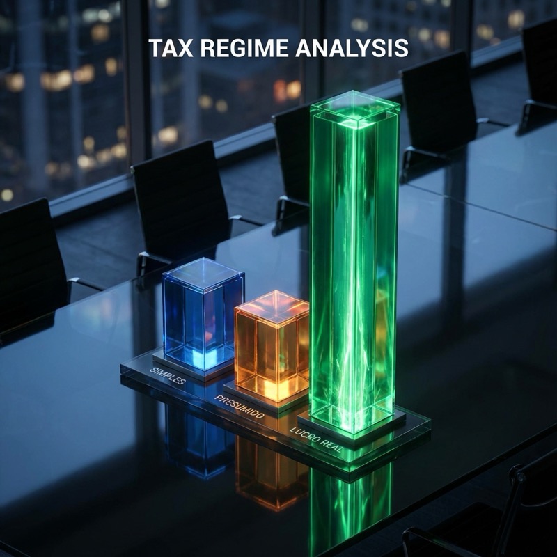 Gráfico comparativo 3D: Simples vs Presumido vs Lucro Real em destaque verde neon