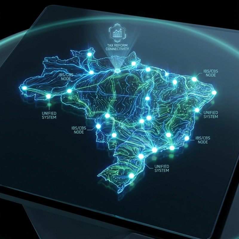 Mapa do Brasil estilizado com conexões de fibra óptica representando a Reforma Tributária
