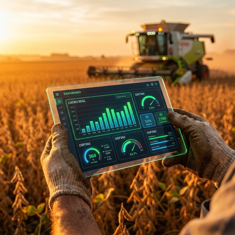 Tablet exibindo dados financeiros avançados em uma fazenda digital