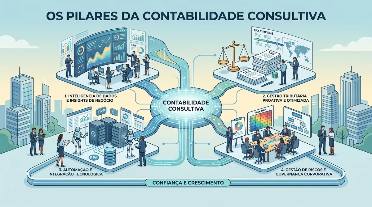 Os quatro pilares da contabilidade consultiva: inteligência de dados, gestão tributária proativa, automação tecnológica e governança corporativa