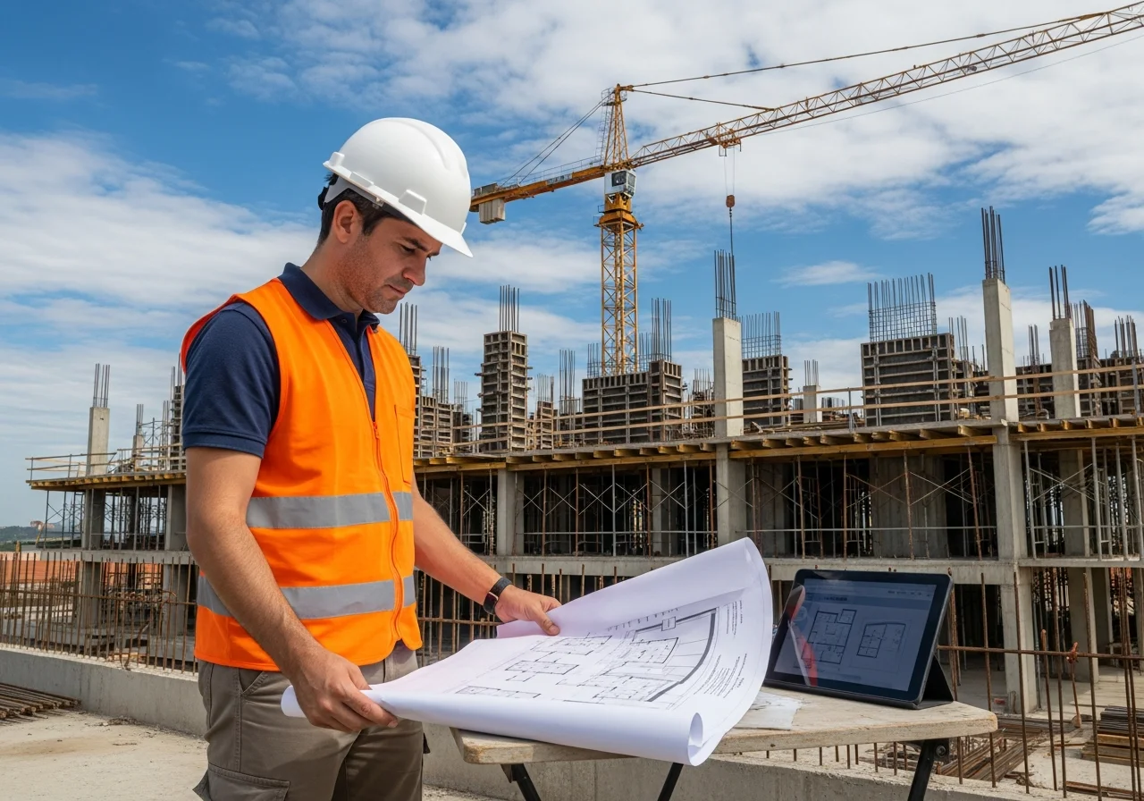 Engenheiro brasileiro revisando plantas em canteiro de obra de concreto armado — análise dos impactos da Reforma Tributária na construção civil (RET, EPC, Patrimônio de Afetação)