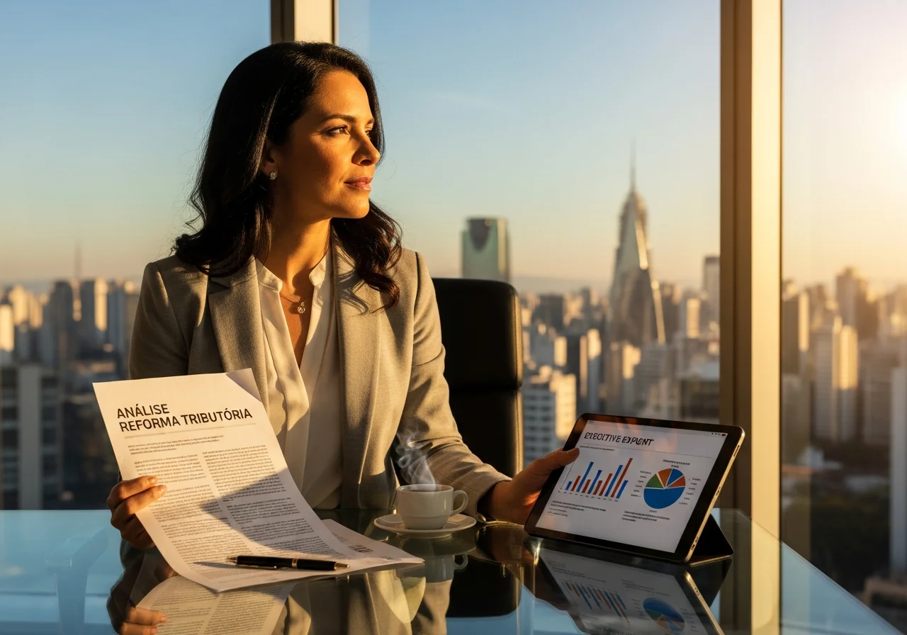 Empresária brasileira em escritório corporativo com vista de São Paulo revisando análise da Reforma Tributária antes de uma decisão estratégica