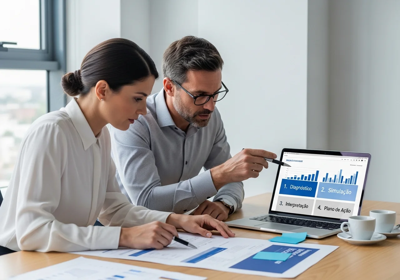 Consultores OSP revisando dashboard analítico das 4 etapas da metodologia REFORMA360 (Diagnóstico, Simulação, Interpretação, Plano de Ação)