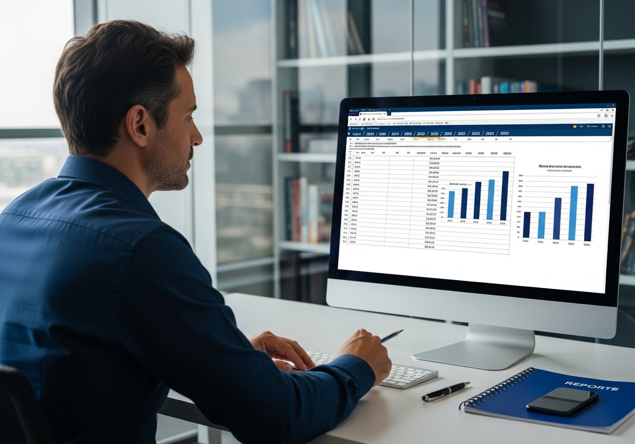 Empresário brasileiro analisando simulações tributárias 2026-2033 em monitor com gráficos comparativos de carga fiscal