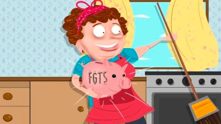 A ilustração mostra uma personagem feminina, provavelmente uma empregada doméstica, segurando um cofrinho cor-de-rosa com as letras "FGTS" em destaque. Ela sorri e parece estar em uma cozinha, com um pano e uma vassoura ao fundo, representando o trabalho doméstico. Esta imagem está associada ao anúncio do início da validade do Fundo de Garantia do Tempo de Serviço (FGTS) para empregados domésticos, conforme indicado no título "FGTS dos domésticos começa a valer a partir de outubro".