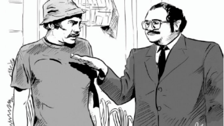 A imagem é uma ilustração em preto e branco que retrata dois homens em um diálogo, com expressões faciais que sugerem uma conversa séria. Um homem, vestindo roupas casuais e um boné (Seu Madruga) a frente do seu Locador. A ilustração pode representar uma discussão sobre 'Clientes Inadimplentes'.
