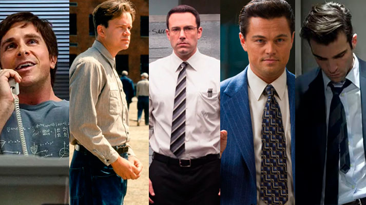 A imagem apresenta uma colagem de cinco homens em trajes de negócios, cada um representando uma cena de filmes diferentes que abordam temas relacionados à contabilidade e finanças, o que pode aludir ao tópico 'Filmes sobre contabilidade'.