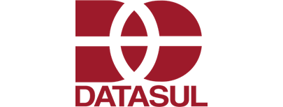 Logotipo da DATASUL, empresa pioneira no desenvolvimento e comercialização de soluções integradas de softwares de gestão empresarial. O logo tem um tom vermelho e um design geométrico que forma uma cruz e círculo combinados, abaixo do qual está escrito 'DATASUL' em letras maiúsculas.