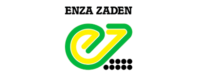 Logotipo da empresa Enza Zaiden, indústria de alimentos. Apresentando o nome 'ENZA ZAIDEN' em letras pretas na parte superior, abaixo um símbolo estilizado formado pelas letras 'E' e 'Z' interligadas em cores verde e amarelo, acompanhado por cinco círculos pretos alinhados horizontalmente na parte inferior, tudo sobre um fundo cinza claro.