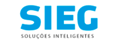 Logotipo da empresa SIEG a qual oferece soluções de gestão de documentos fiscais no Brasil. Em letras grandes e azuis, com o subtítulo 'Soluções Inteligentes' em letras menores e azuis abaixo.