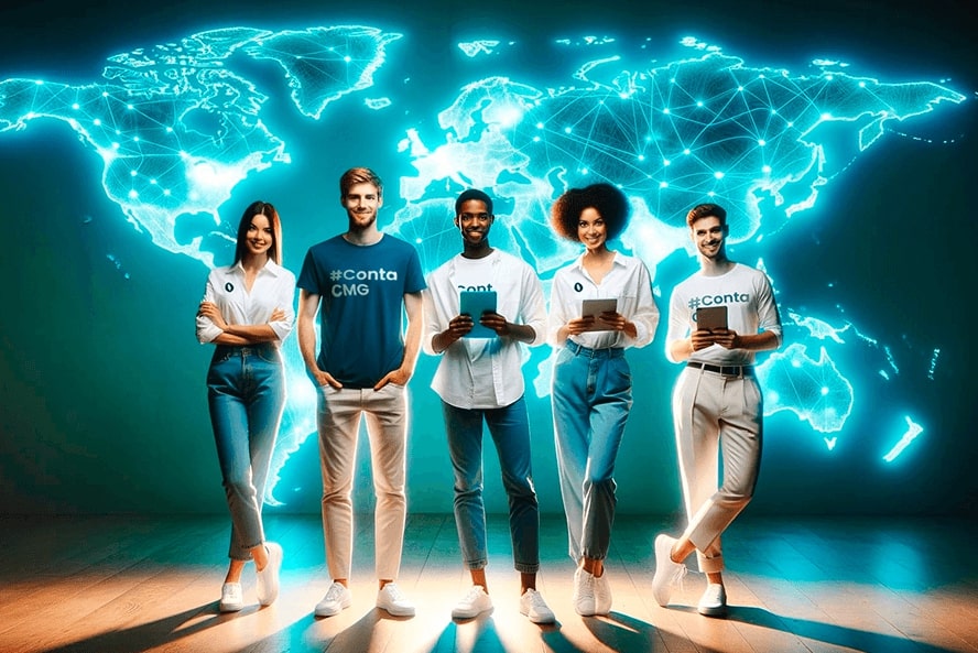 Accounting for multinationals: The image shows four young professionals standing, wearing t-shirts with the inscription "#Conta CMG". They are positioned in front of a luminous representation of the world map, which highlights connections between different countries, suggesting a global network. The setting has a futuristic blue tone. Each professional holds a tablet or similar device, reinforcing the idea of technology and global connection in the field of accounting.