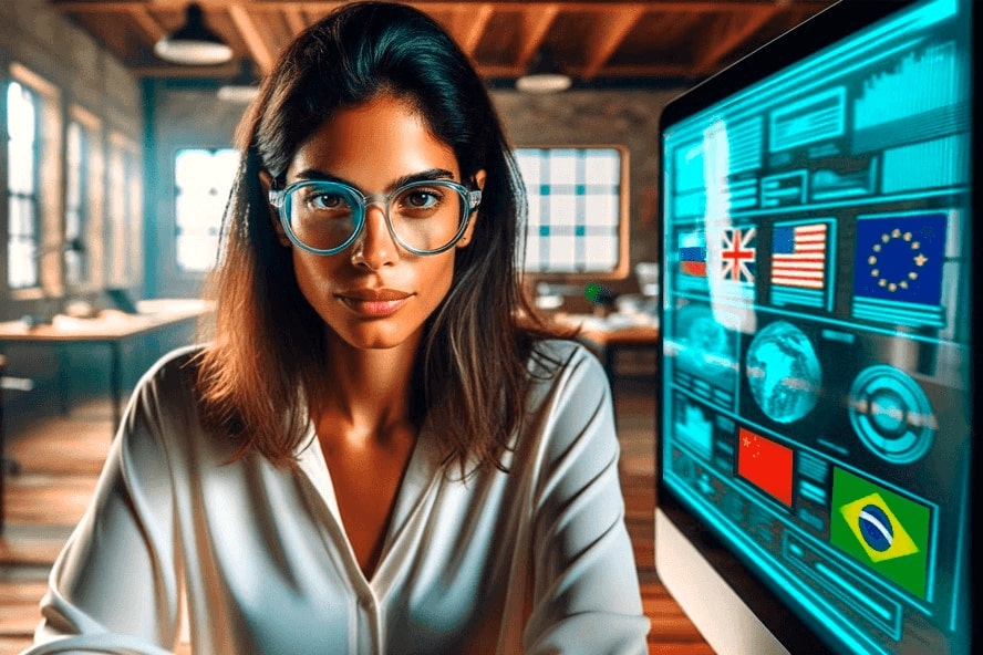 Tax planning for multinationals: the woman concentrated in front of a monitor that displays graphics and flags from different countries in a room with rustic decor. It symbolizes management and accounting for multinational companies.