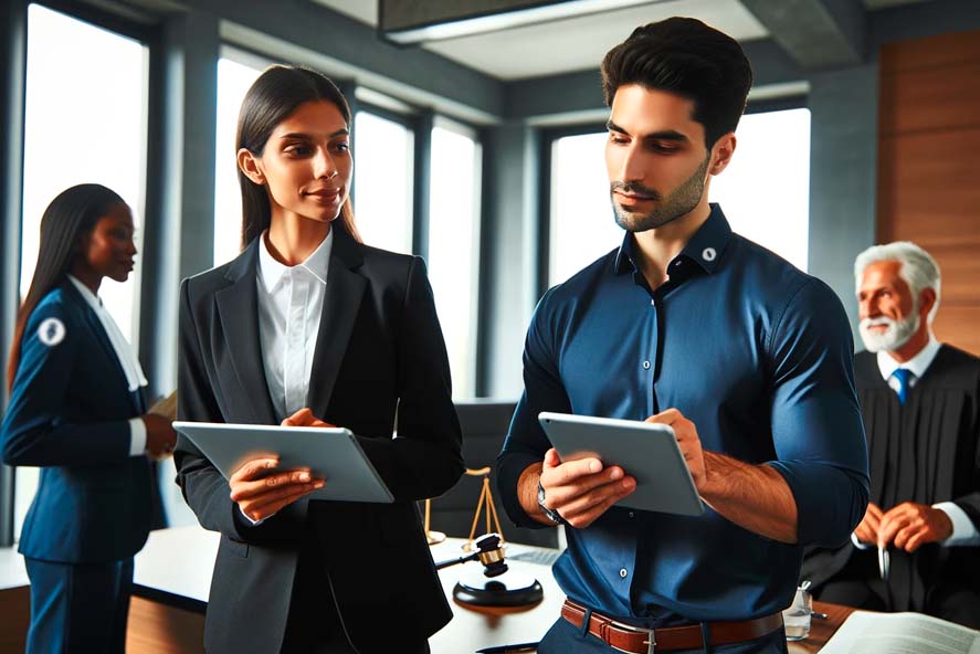 Dois advogados, um homem e uma mulher, consultando um tablet digital juntos, com colegas, com objetivo à contabilidade para advogados, e o ambiente do tribunal ao fundo.