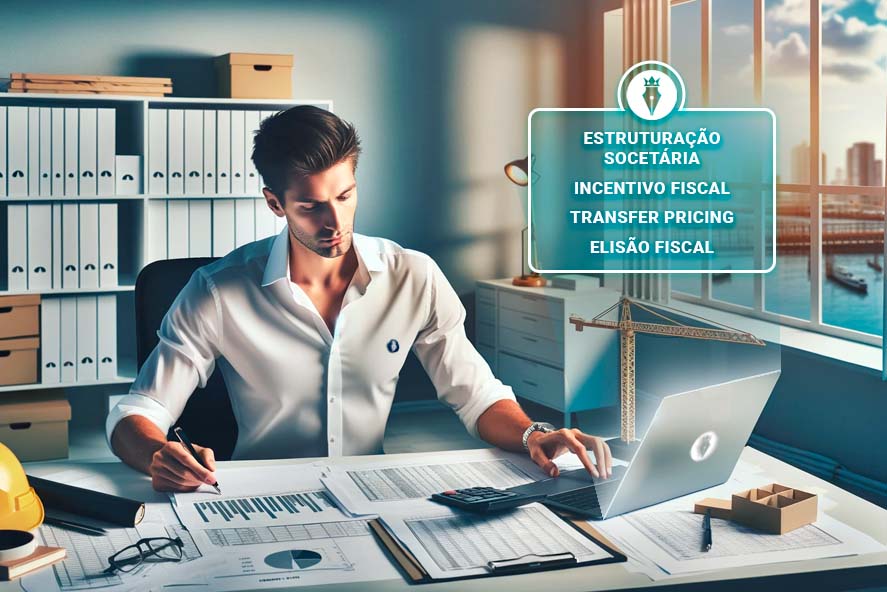 A imagem apresenta um homem concentrado em documentos de trabalho em um escritório, com temas de "Planejamento Tributário para Construtoras" ao fundo.