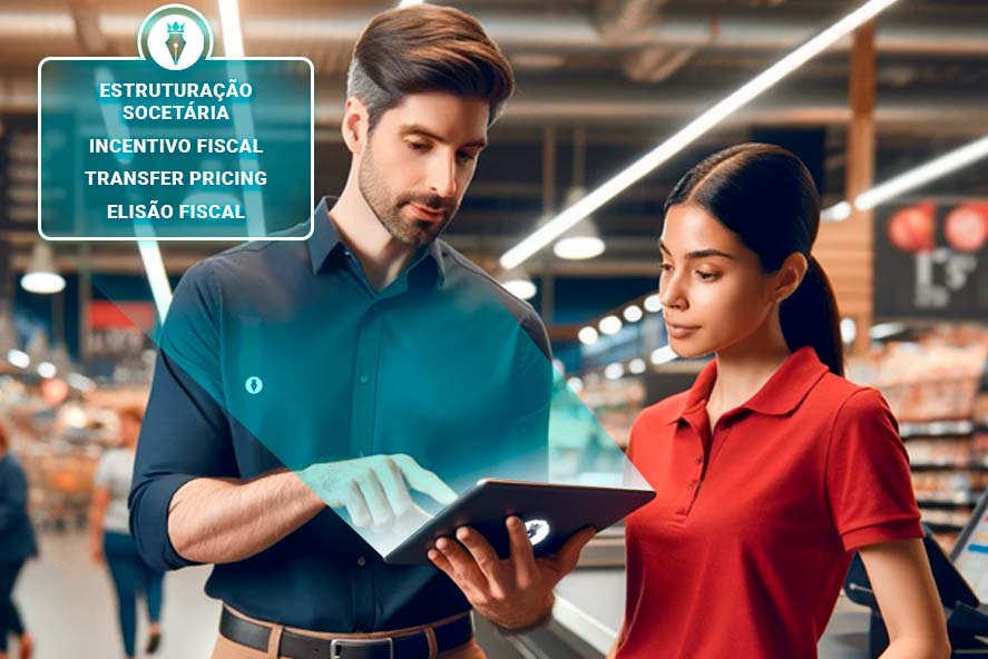 Dois profissionais, um homem e uma mulher, consultando um tablet com gráficos de planejamento tributário em um ambiente de supermercado, como objetivo de prestar contabilidade para supermercados.
