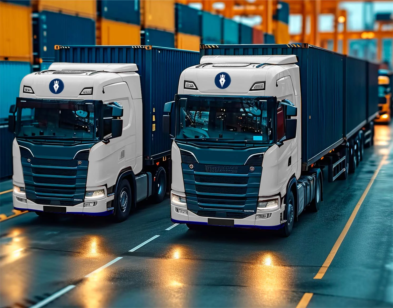 Duas carretas modernas lado a lado em um terminal de carga, com contêineres ao fundo, simbolizando a robustez e eficiência no segmento de contabilidade para empresas de transporte.
