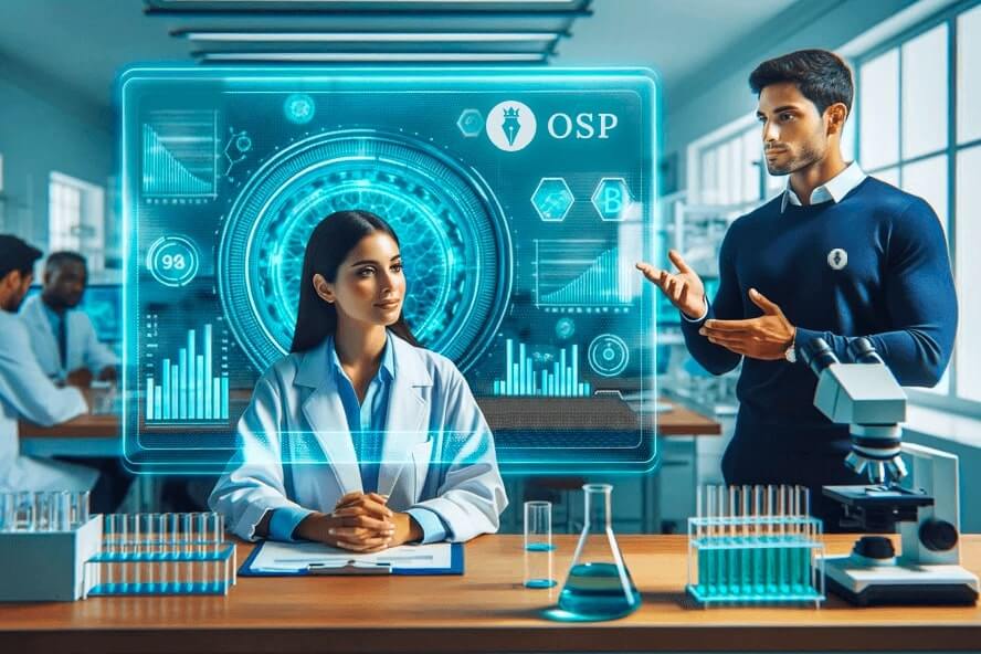 Um cenário de laboratório com equipamentos avançados onde dois profissionais, uma mulher sentada e um homem em pé, interagem com uma interface holográfica de contabilidade para farmácia.