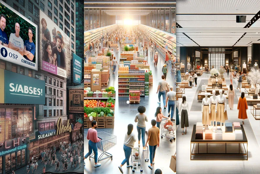A imagem mostra três diferentes ambientes comerciais: uma rua comercial movimentada, um supermercado interno e uma loja de roupas moderna, refletindo a diversidade do setor para o post "Contabilidade para Comércio".