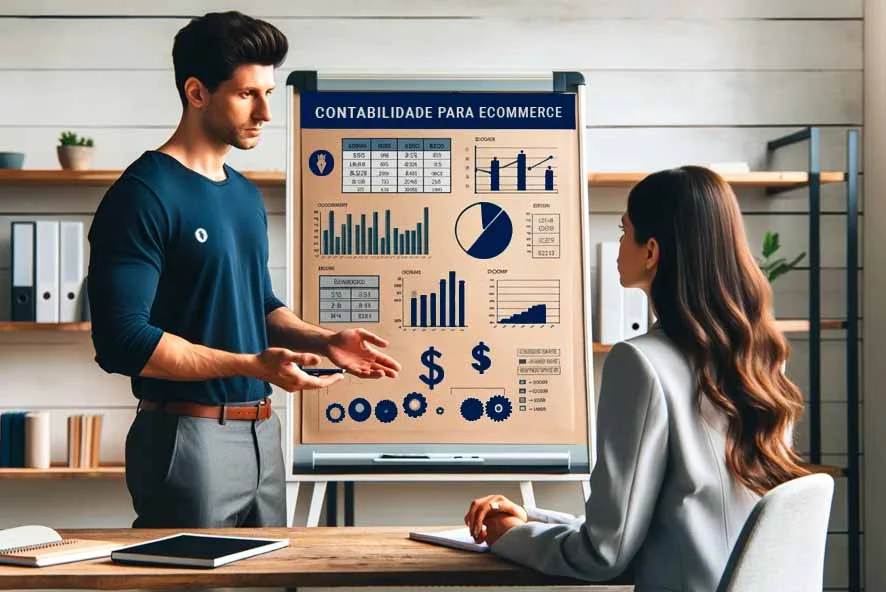 Profissional de contabilidade apresentando gráficos financeiros detalhados a uma empresária de e-commerce, destacando o compromisso da OSP Soluções Contábeis com a análise de dados e estratégias contábeis personalizadas para negócios online.