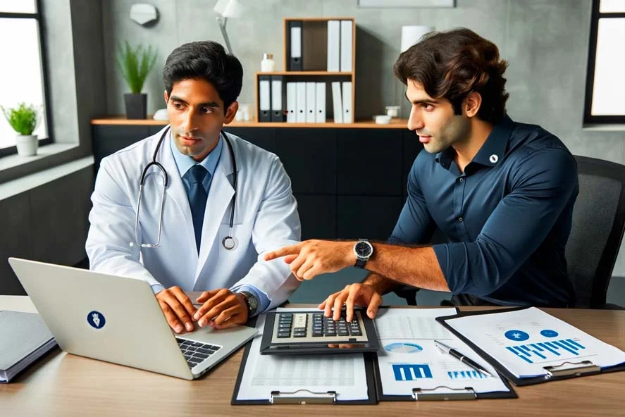 Um contador e um médico colaboram utilizando um laptop, discutindo estratégias de contabilidade em um consultório médico, ilustrando a parceria na Contabilidade para Médicos.