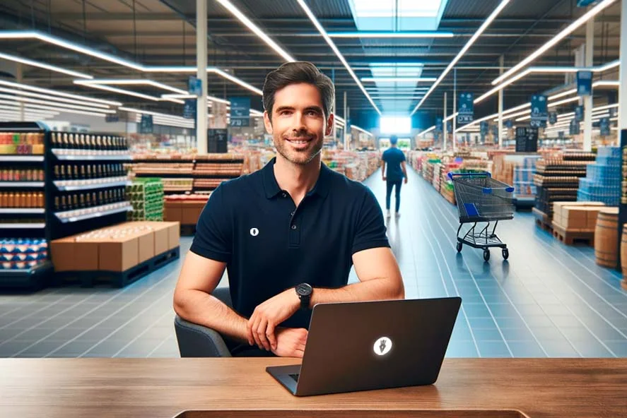 Um contador sorridente senta-se em uma mesa de supermercado com um laptop, prateleiras de produtos ao fundo, representando serviços de contabilidade no varejo, como objetivo de prestar contabilidade para supermercados.
