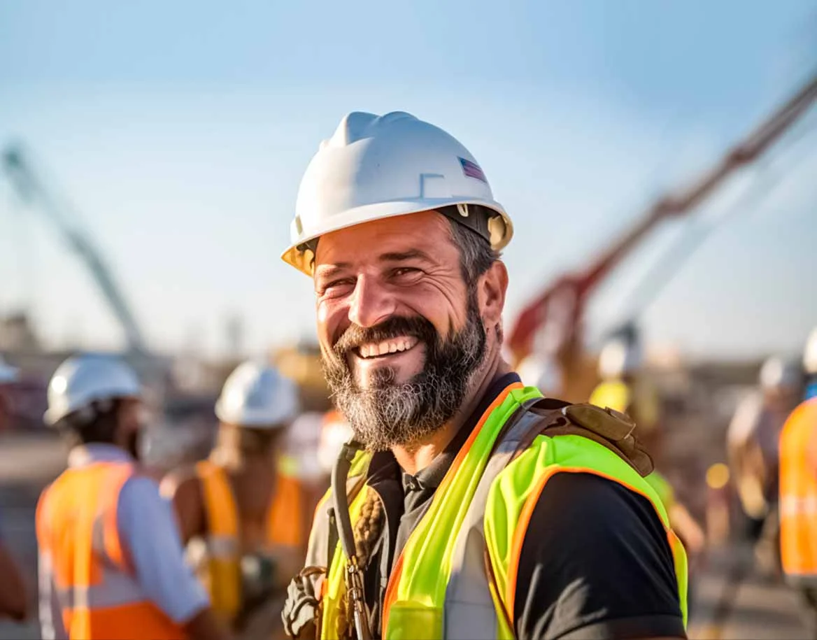 A imagem mostra um homem sorridente com capacete e colete refletivo em um canteiro de obras, representando "Contabilidade Especializada em Construtoras".