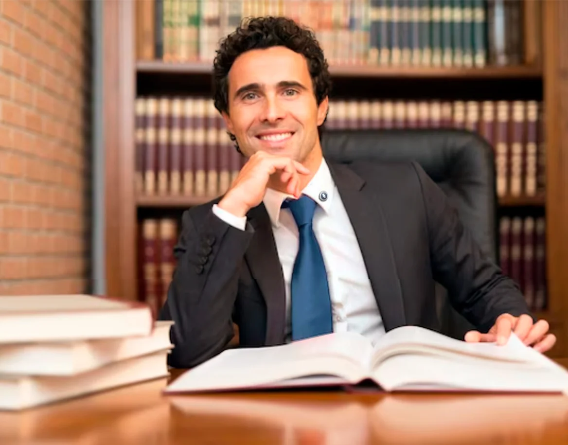 Na imagem de abertura da página 'Contabilidade para Advogados', um advogado sorridente está sentado em uma biblioteca, com livros empilhados em sua mesa e uma prateleira ao fundo, simbolizando conhecimento e profissionalismo no campo jurídico.