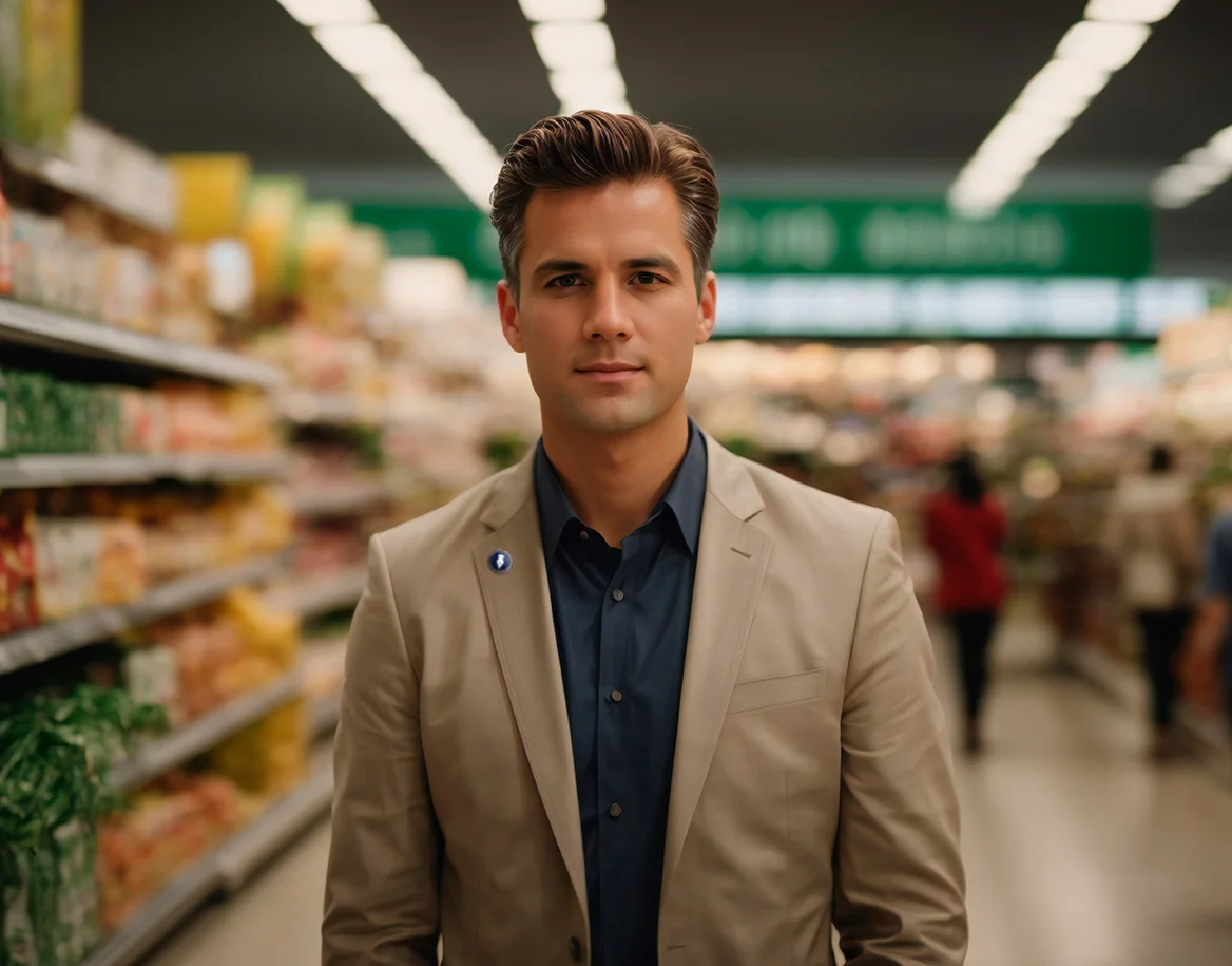 Homem profissional em um supermercado, vestido com traje de negócios casual, em pé entre as prateleiras cheias de produtos.