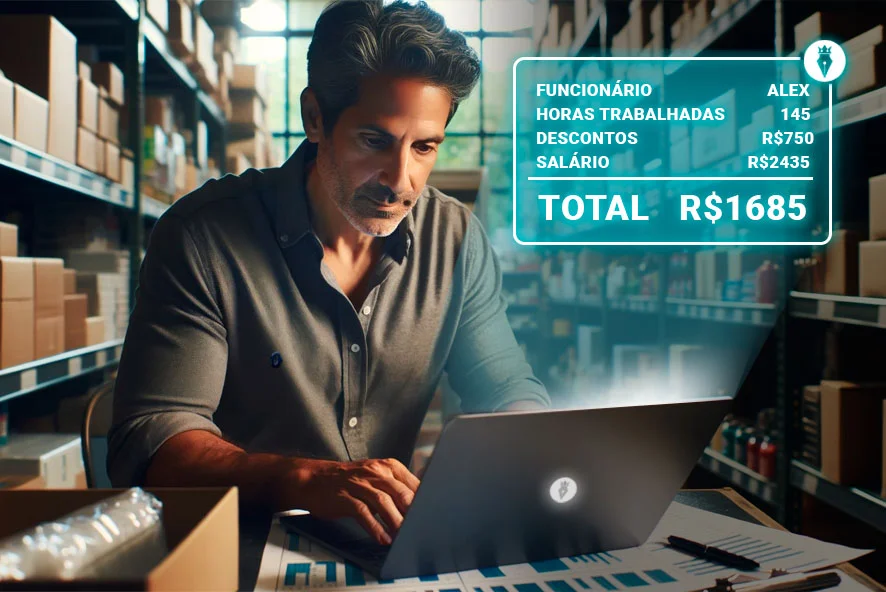 Um homem analisa informações em um laptop em um armazém, com uma folha de pagamento holográfica projetada ao lado, mostrando detalhes de um funcionário chamado Alex, incluindo horas trabalhadas, descontos e salário total.