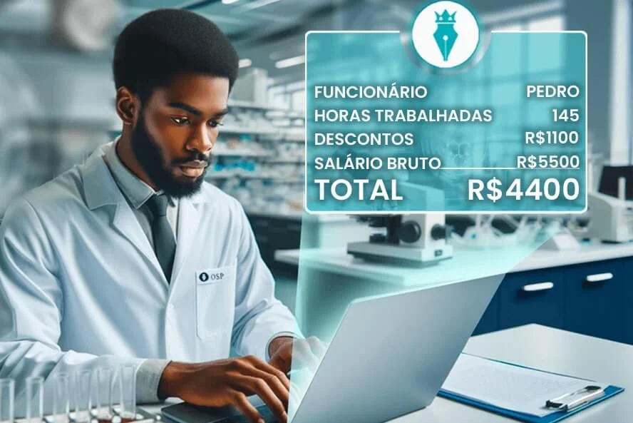 Folha de pagamento para farmácia de manipulação: Um farmacêutico em um laboratório, com detalhes financeiros exibidos ao lado: horas trabalhadas (145), descontos (R$1100), salário bruto (R$5500) e total a receber (R$4400).