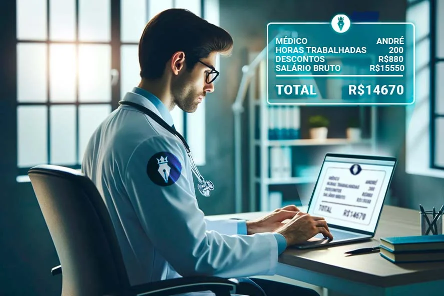 Médico André revisando sua folha de pagamento no computador, evidenciando a meticulosidade e precisão dos serviços contábeis da OSP para profissionais da saúde.