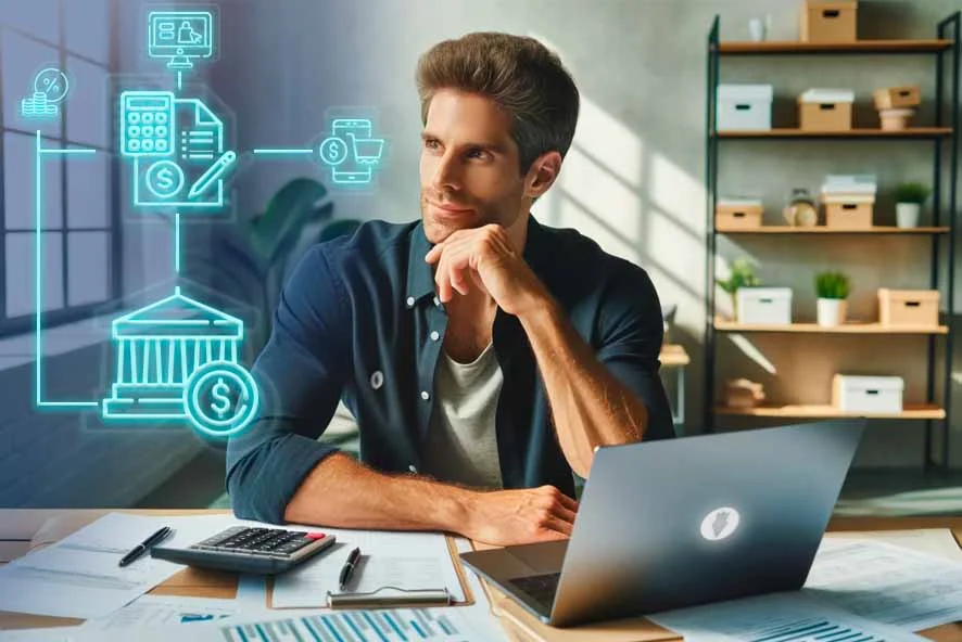 Um homem contemplativo está sentado em uma escrivaninha, olhando para um laptop com ícones de planejamento financeiro flutuando ao seu redor, simbolizando o planejamento tributário em contabilidade Especializada em Ecommerce.
