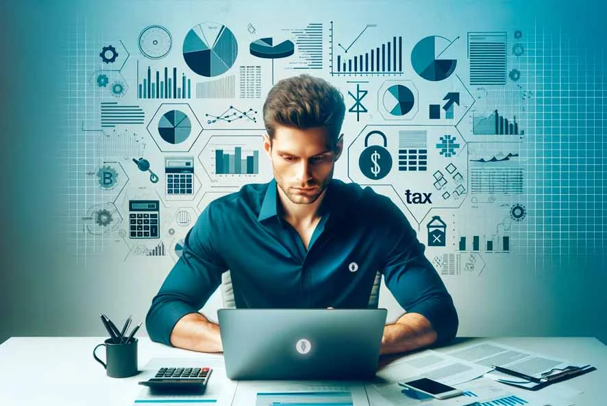 Um homem concentrado trabalha em um laptop em sua mesa de escritório, cercado por representações gráficas de dados financeiros e símbolos tributários, sugerindo um planejamento tributário para comércio.